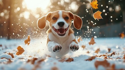 A joyful beagle runs through the snow, kicking up leaves. The sunlight creates a magical effect, highlighting the dog's energetic personality and the beauty of autumn.