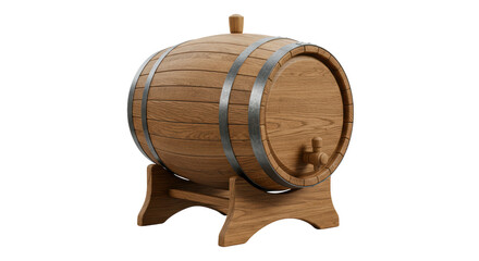 Isolated Wooden Barrel with Metal Hoops and Spigot