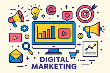 Modern Line Style Digital Marketing Online Business Advertisement Illustration