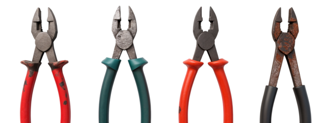 A set of four different colored pliers