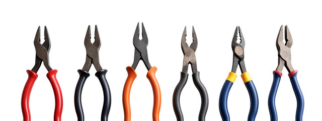 A row of different colored wire cutters lined up in a row.