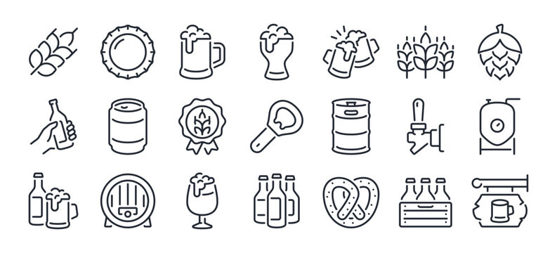 Beer glass, drink pub and brewery editable stroke outline icons set isolated on white background flat vector illustration. Pixel perfect. 64 x 64.