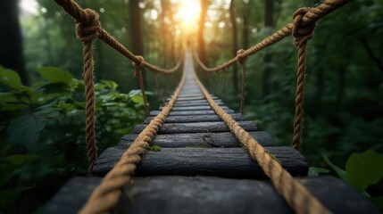 A beautifully constructed wooden suspension bridge stretches over a tranquil forest, inviting exploration through nature’s peaceful and verdant landscape at sunset.