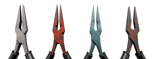 A set of four different colored pliers