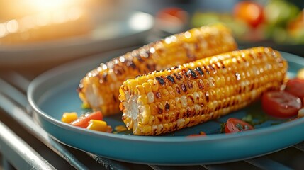 Two enticing grilled corn cobs sit on a blue plate, paired with vibrant tomatoes, showcasing a delicious summer dish that highlights the beauty of fresh ingredients.