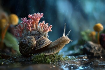 Obraz premium Snail with coral reef shell slowly crawls through a flooded forest floor during a tropical downpour near the Amazon River