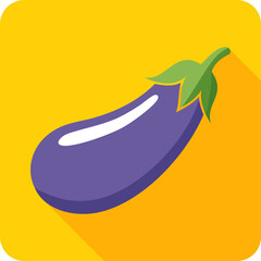 Purple Eggplant Illustration with Green Stem on Yellow Background.