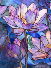 A close-up of a beautiful stained glass artwork featuring vibrant lotus flowers in shades of purple, pink, and blue, with intricate lead lines.