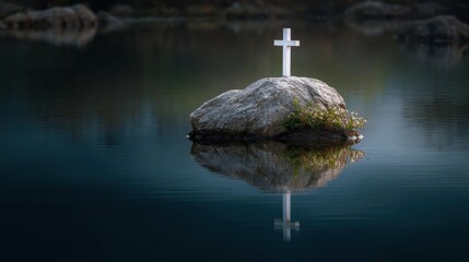Naklejka premium Closeup of a pristine white cross, delicately balanced on top of a small rock in the center of the lake, its reflection creating a sense of balance and harmony.