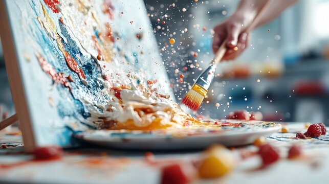 This image showcases a vibrant abstract art piece featuring bold colors, dynamic splashes, and a creative application of paint, inviting viewers to explore their imagination.