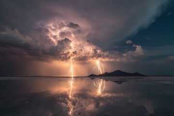 Lightning storm reflects over bolivian salt flats creating a mirror effect with dramatic clouds and distant mountain range