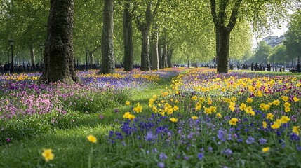 Fototapeta premium Vibrant Spring Meadow with Colorful Flowers and Lush Greenery