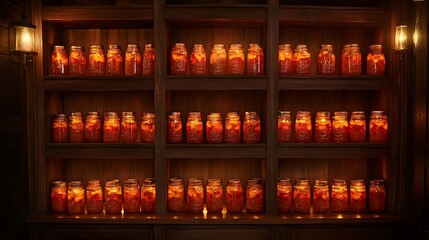 Vintage Pantry with Rows of Orange Jars on Wooden Shelves