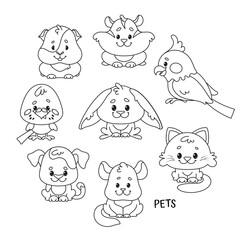 Cute Pet Animals Coloring Page Set Vector Illusration of guinea pig, hamster, parrot, chick, rabbit, dog, mouse, cat