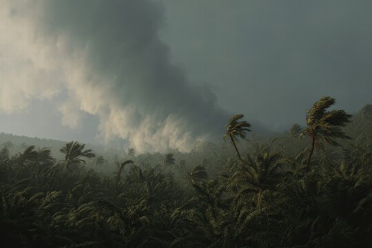 Unusual weather phenomenon impacts tropical rainforest with strong winds and rising smoke during a rare cataclysmic event