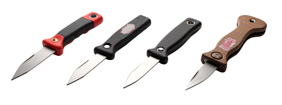 A set of three knives with different designs on them.