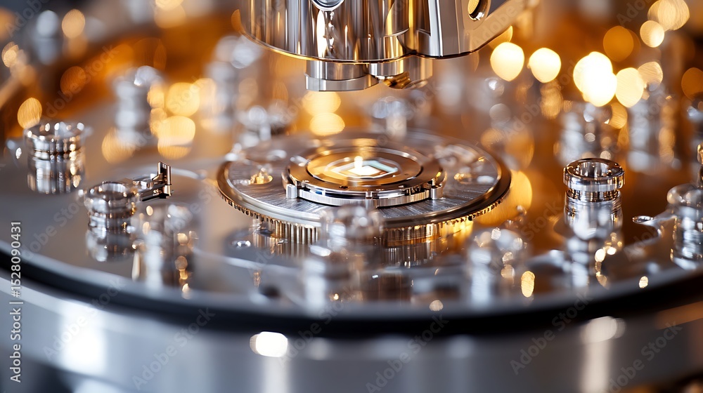 Poster close up of automated assembly line with shiny metal components