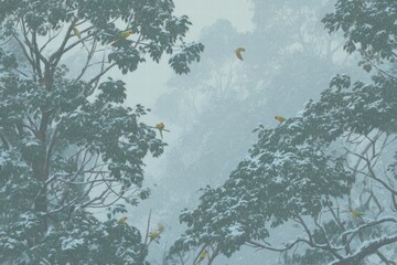 Snowy trees host vibrant parrots flying amidst unusual winter weather conditions in a rare atmospheric event