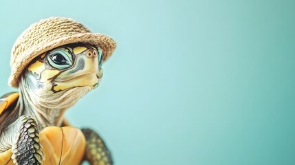 Adorable Turtle Wearing a Crochet Hat on a Soft Blue Background