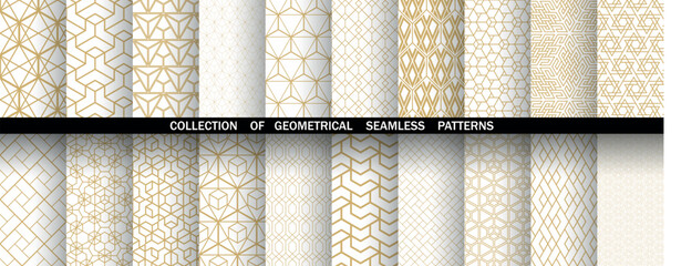 Geometric set of seamless golden and white patterns. Simple vector graphics