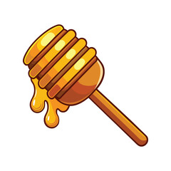 Honey with wooden dipper vector illustration, golden syrup drizzle, natural beekeeping product, rustic kitchen food