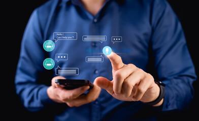 Businessman using AI chatbots on smartphones for digital communication and customer service, filtering messages before replying to customers, intelligent systems in today's business and daily life.