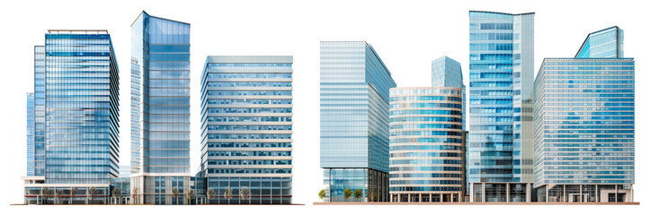 Naklejka premium PNG Modern urban glass skyscrapers skyline, element set on transparent background