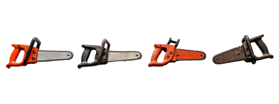 A row of four different types of chainsaws