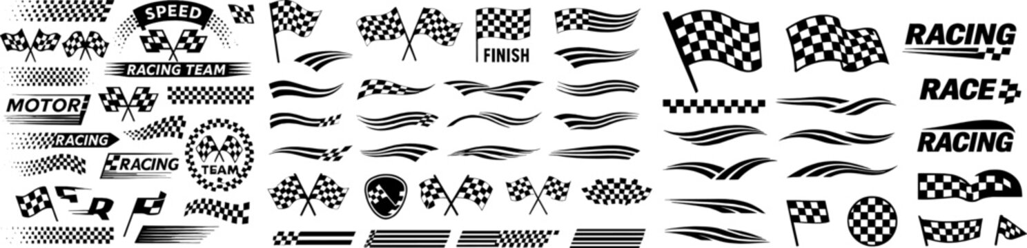 Vector racing elements set: black-white checkered flags, finish banners, speed lines, racing text decals. Clean silhouettes on transparent background, fully scalable for branding, prints, UI.