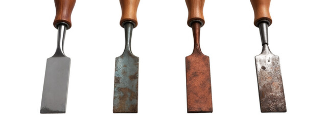 A set of four different types of chisels with wooden handles.