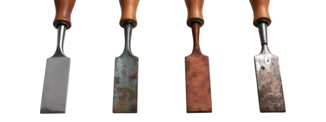 A set of four different types of chisels with wooden handles.