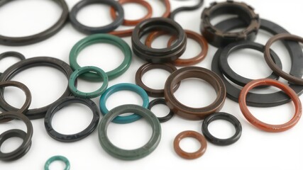 A collection of different sized and colored o-rings and oil seals lying on a white background, close-up shot, various materials.