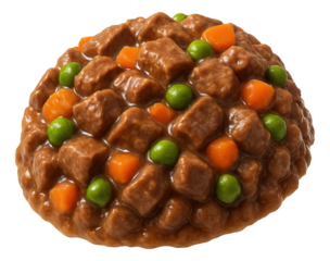 Close-up of a textured spherical arrangement of brown chunks, green peas, and orange carrots, resembling a savory food dish on transparent background.