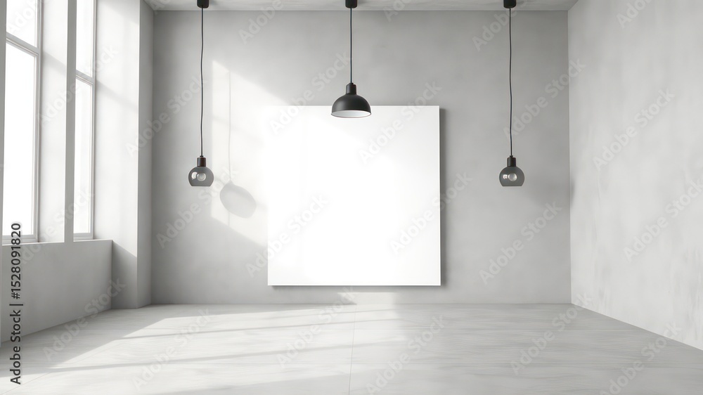 Poster brightly lit room with a large blank square canvas on a textured wall, illuminated by hanging lights