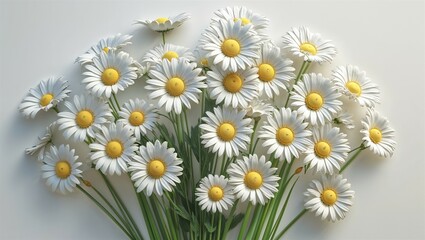 Photorealistic daisy flower cluster with green stems and yellow centers isolated on white