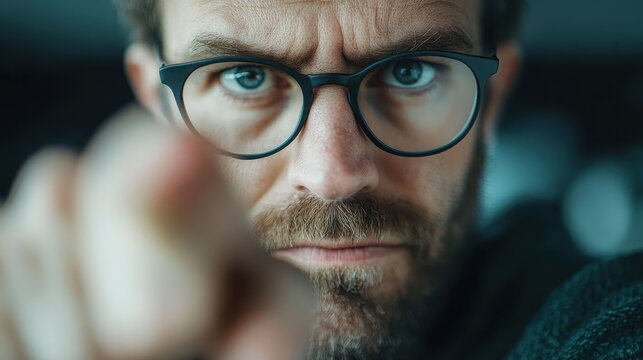 A man with striking blue eyes and glasses conveys intensity and determination as he points towards the viewer, creating an impactful moment filled with emotion and focus.