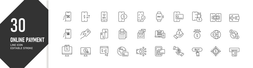 Digital wallet and mobile banking line icons set in online transactions, fintech UI mockup, icon collection