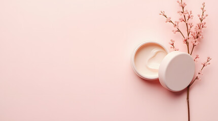 pink lotion bottle on dry branches background