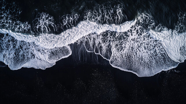 Aerial view of ocean waves crashing on a black sand beach creating white foam patterns on the shore