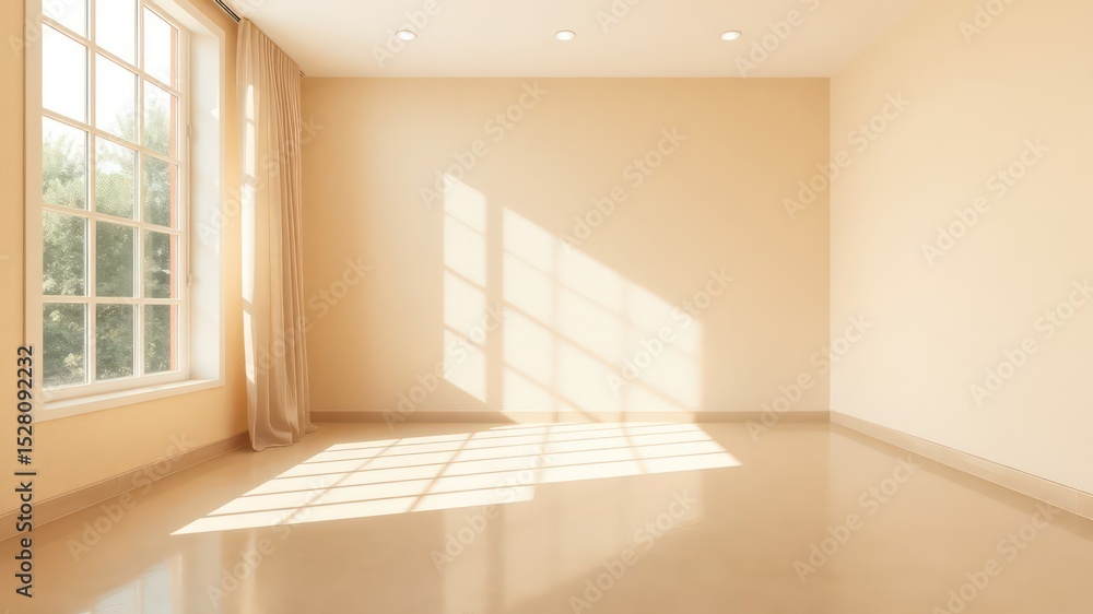 Poster bright and airy empty room with sunlight streaming through the window, creating geometric patterns o