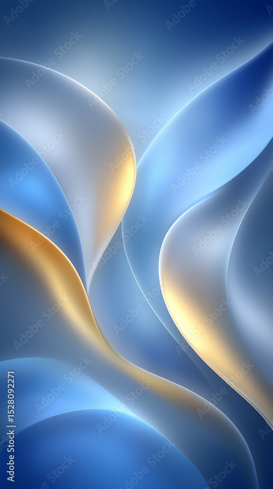 Poster flowing abstract waves in shades of blue and gold create a harmonious and serene design. suitable fo
