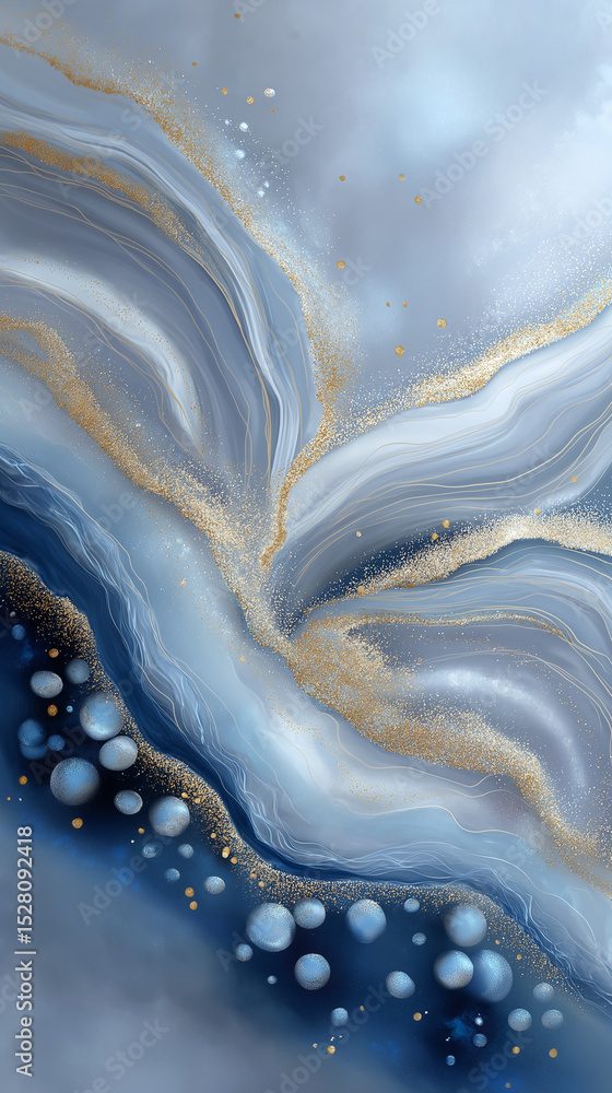 Poster abstract swirls of gold and blue create elegant textures. soft curves and delicate patterns blend ha