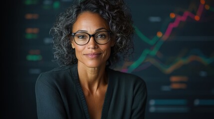 A confident and professional woman poses in front of a background filled with financial graphs and data analytics, symbolizing empowerment and success in business.