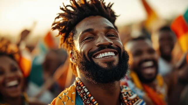 A joyous man surrounded by waving flags at a vibrant outdoor celebration symbolizes the spirit of community and excitement, reflecting unity and happiness.