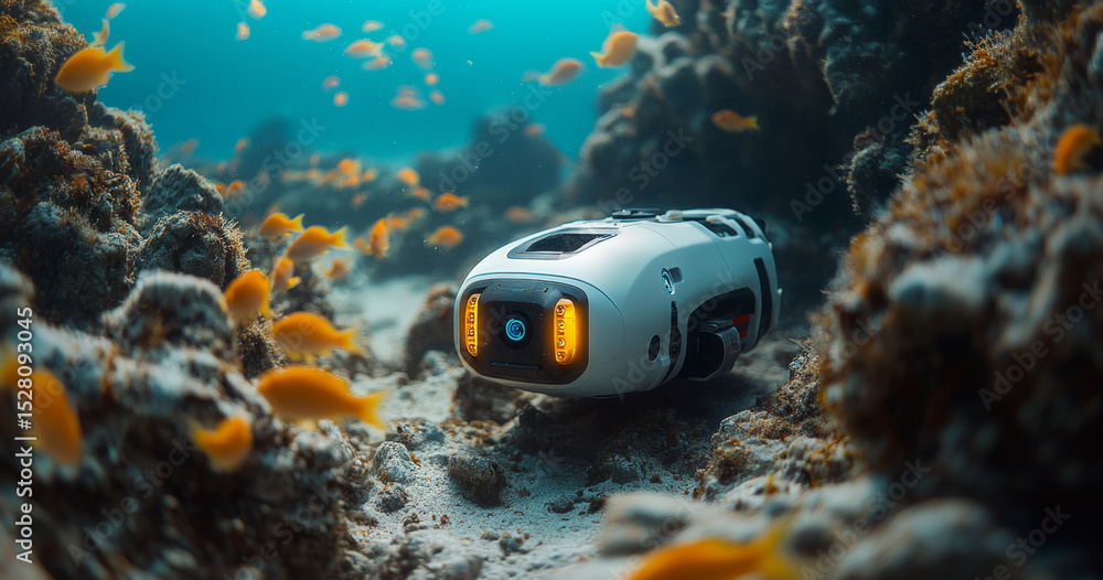 Poster an underwater robot navigates the ocean floor, exploring vibrant coral formations and surrounded by 