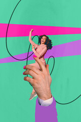 Vertical 3d art pop image collage of happy girl guy stand hand marionette exploitation puppet...