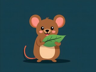 Brown mouse holding green leaf on dark blue background simple illustration natural animal design