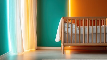 A cozy nursery designed with soothing teal and orange hues, bathed in natural light, perfect for a comforting atmosphere for a newborn’s peaceful rest.
