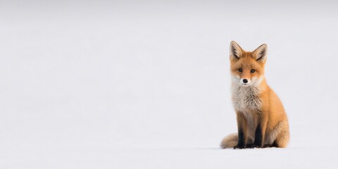 Obraz premium Small fox cub sitting alone on flat white snow in a winter landscape nature photography tranquil setting