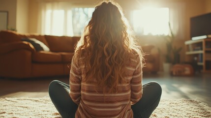 A serene moment of a woman sitting cross-legged, enjoying a peaceful sunset in a cozy living space, ideal for themes of mindfulness, relaxation, and inner peace.